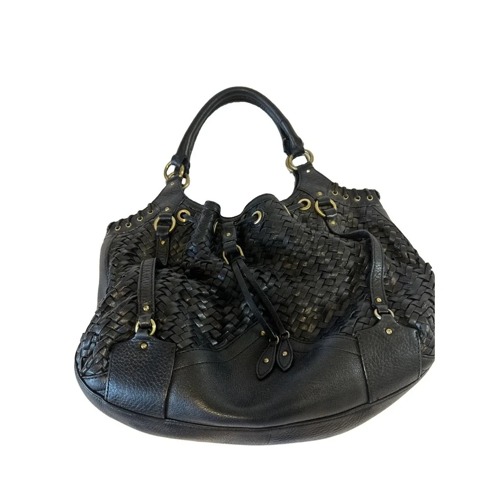 Cole Haan Black Village Leather Weave Slouchy Hobo Purse